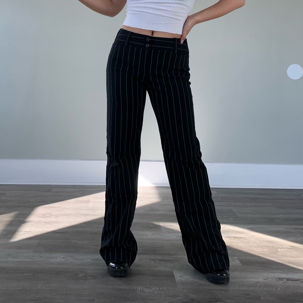 black mid-rise pinstripe straight leg pants